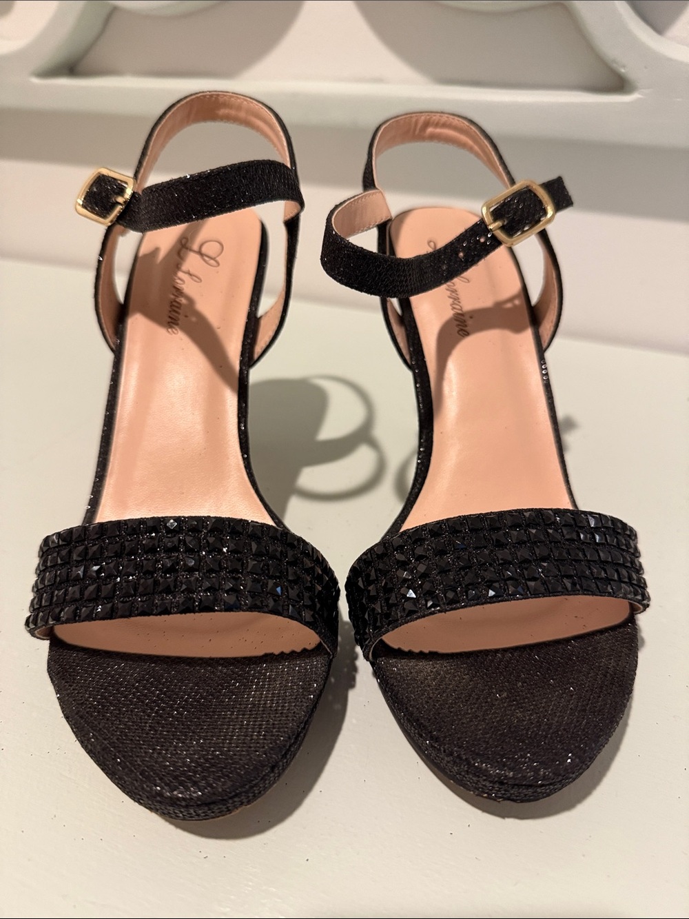 L Lorraine Black Embellished Ankle-Strap Stiletto Sandals